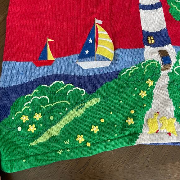 Quacker Factory Lighthouse Red Knit Sweater Sailboat Short Sleeve Women Medium - Picture 15 of 16